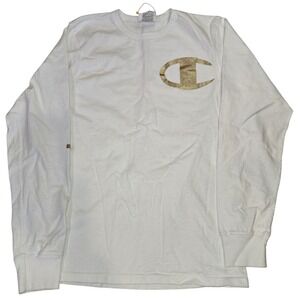Champion Men's White Long Sleeve T-Shirt Gold Logo Crew‎ Neck SZ Small